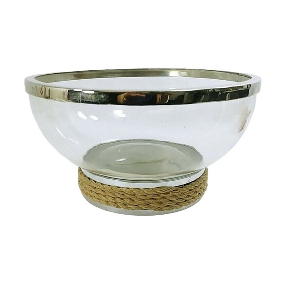 Bowl Glass Fruit Salad Serving Bowl Chrome Trim Rope Accent - Picture 1 of 9
